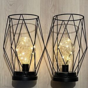Black Geometric Cage Exposed Bulb String Light Lamps- Set of 2